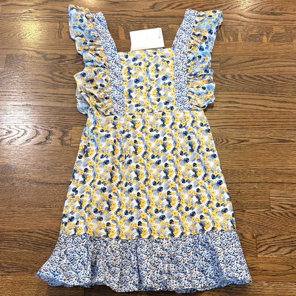 70F/21C NWT Yellow and Blue Floral high waist Ruffle Dress, s